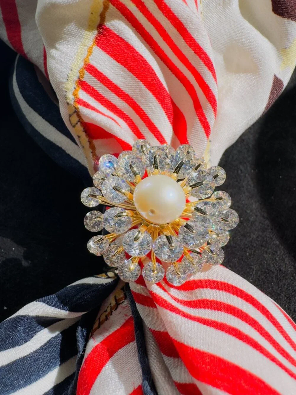 Sparkling CZ Flower Scarf Ring Pearl Center 2-in-1